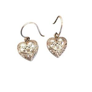 Vintage 925 Sterling Silver Filigree Heart Dangle Earrings